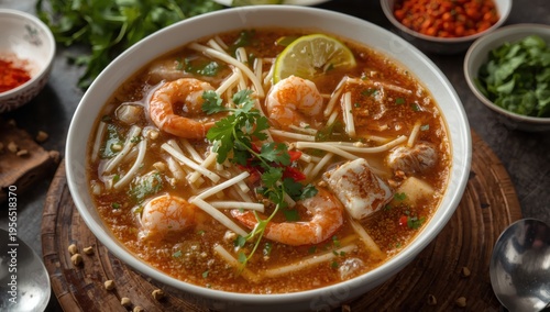 Bun Mam seafood noodle soup. A favored Vietnamese dish with vegetables.