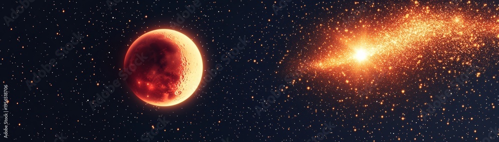 Fototapeta premium Radiant Red Moon with craters, illuminated against a deep starfield, faces a spectacular golden cosmic burst. A panoramic view of celestial grandeur and energy. Universe, Astro Art