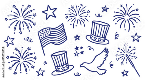 Hand drawn patriotic american symbols including fireworks uncle sam hats and eagle for independence day celebration