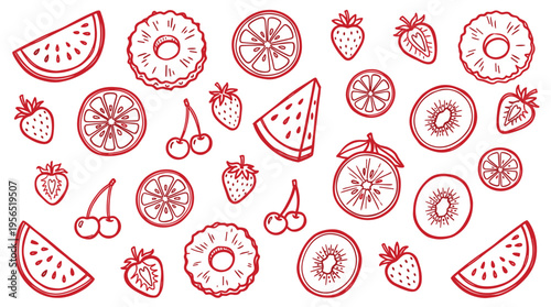Hand drawn fruit pattern seamless background with strawberries oranges kiwi pineapple watermelon and cherries in red outline on white