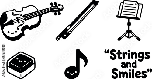 Line art music icons featuring violin bow sheet stand and smiles
