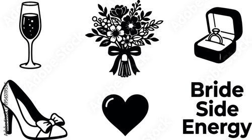 Vector line art bouquet and engagement ring and bridal accessories with heart and text bride side energy