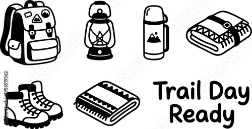 Vector line art trail gear set with backpack lantern thermos boots blanket