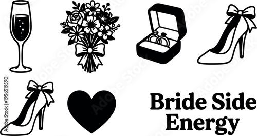 Bridal party vector collage featuring wedding icons and bride side energy theme