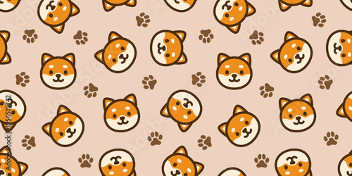 かわいい柴犬と犬の足跡のシームレス背景画像。（Seamless background image of cute Shiba Inu and dog footprints.）
