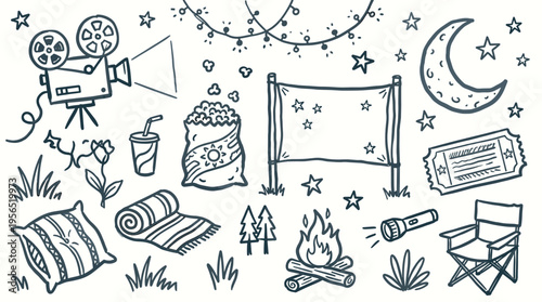 Outdoor movie night scene with projector screen, film projector, popcorn, cozy seating and starry night sky elements for entertainment and relaxation