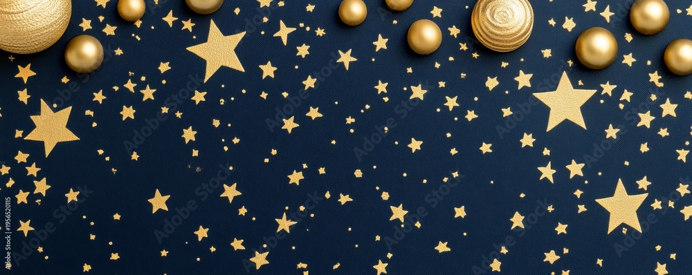 Fototapeta premium Top-down shot of golden festive ornaments and scattered stars on a textured dark blue backdrop, evoking an elegant Christmas night celebration. Holiday, Luxury