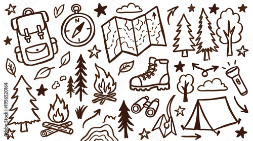 Doodle illustration of camping and hiking adventure elements like backpack compass map tent campfire boots binoculars and trees on white background