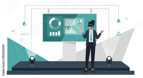 Virtual reality presentation in business seminar delivering data analytics insight