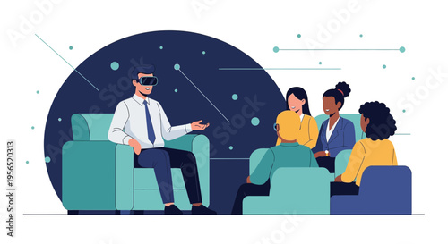 Virtual reality presentation to a diverse group of professionals in a modern workspace atmosphere
