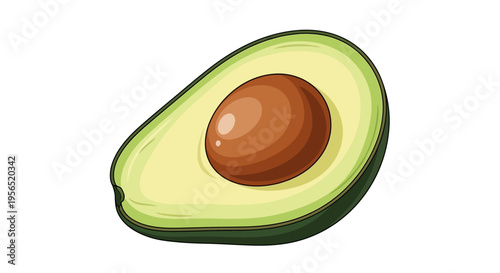 Illustration of a fresh halved green avocado with pit isolated on white background.