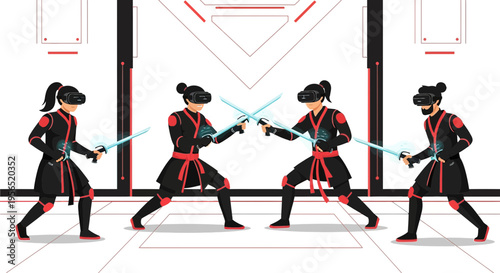 Virtual reality sword fighting tournament featuring futuristic ninja warriors in a digital arena