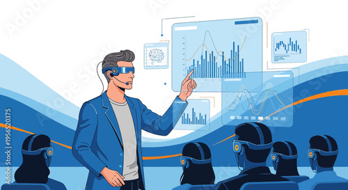 Virtual reality training presentation demonstrating data analysis with visual statistics