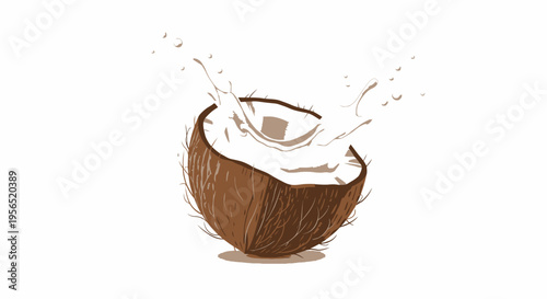 Vector illustration of a fresh coconut with splashing milk on a white background