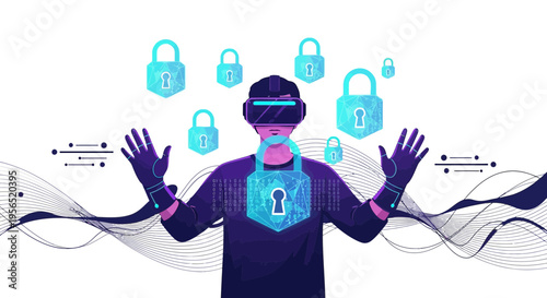 Virtual reality user in secure digital landscape controlling data access with vr interface