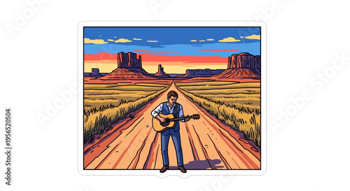 A man plays guitar on a long desert road at sunset with mesas in the background.