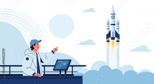 Watching a dazzling rocket launch, pointing to the sky with aspirations, filled with technological