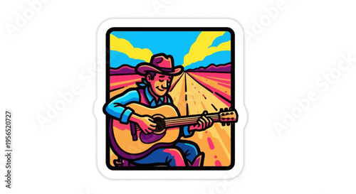 Cowboy plays guitar on a colorful desert road at sunset.