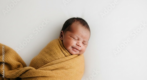 純粋な白い背景でマスタード色の布に優しく包まれ安らかに眠る新生児 穏やかな自然光がその小さな寝顔を柔らかく照らし幸福感あふれる瞬間. AI Generated