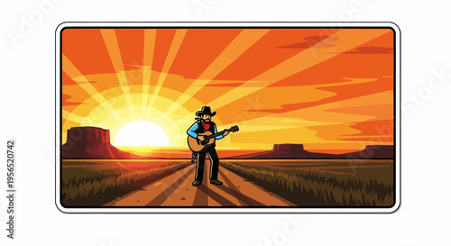 Cowboy plays guitar on a road at sunset in the Wild West.