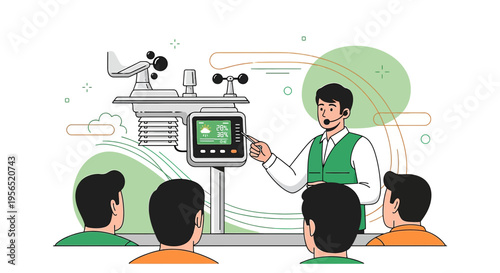 Weather station training session featuring an instructor explaining meteorological instrumentations