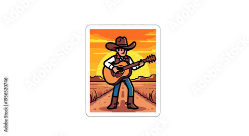 Cowboy plays guitar on a desert road at sunset
