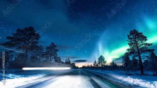 Road leading to light under starry sky at night