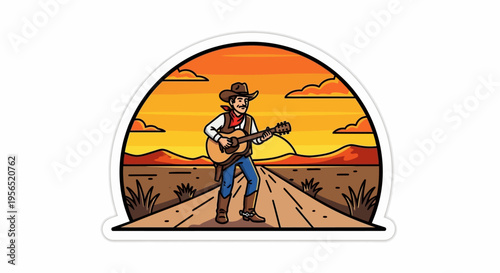 Cowboy plays guitar at sunset on a desert road