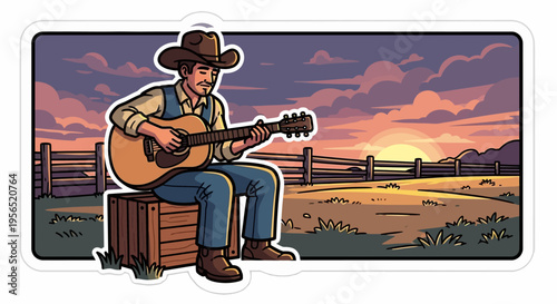 Cowboy playing guitar at sunset in the countryside