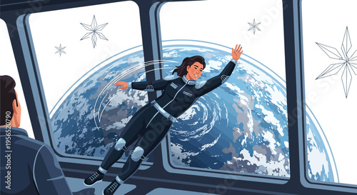 Weightlessness experience in space with earth background and space station observation window