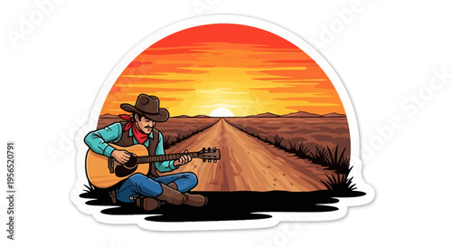 Cowboy plays guitar at sunset on a desert road