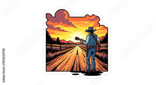 Cowboy plays guitar on a road at sunset