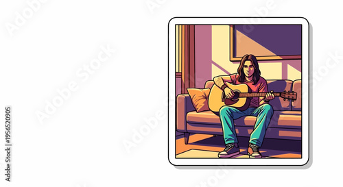 Young Man Playing Acoustic Guitar on Couch at Home, Vector Illustration