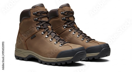 丈夫な茶色のハイキングブーツが柔らかいスタジオ照明で美しく照らされ細部まで鮮明に映る. AI Generated