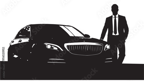 Successful Businessman in Suit Standing Next to Luxury Black Sedan in Modern Architectural Setting