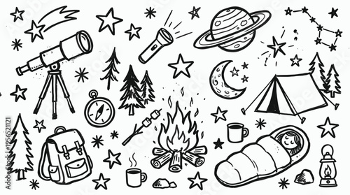 Doodle illustration of camping and stargazing adventure with tent campfire telescope sleeping bag and celestial elements like stars and planets