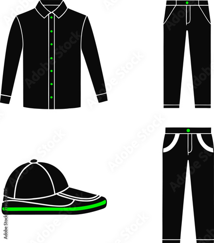 A collection of black clothing items including a collared shirt, two pairs of pants and a baseball cap