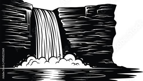 Black and white illustration of a majestic waterfall