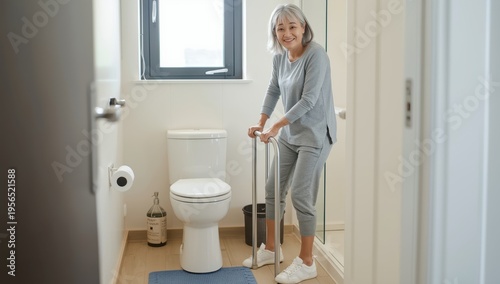 Elderly Asian woman utilizes bathroom handle for safety, health, and strength.