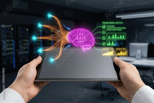 AI machine learning data processing with holographic brain icon