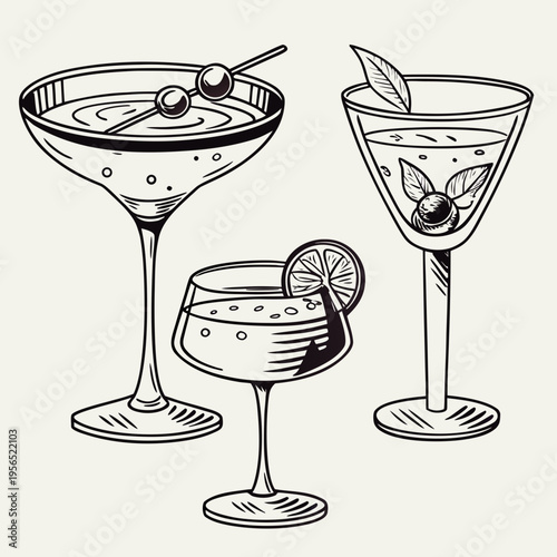 Cocktails alcoholic daiquiri, old fashioned, manhattan, martini, sidecar glass hand drawn engraving vector illustration vintage style