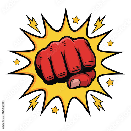 Cartoon illustration of a red fist with comic book explosion effects