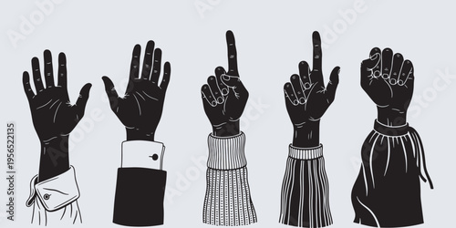 Set of human hands in different gestures, including open palms, pointing fingers, and a clenched fist, in a vintage engraved style.