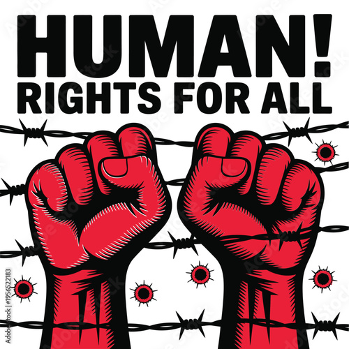 Human rights advocacy image with clenched fists and barbed wire