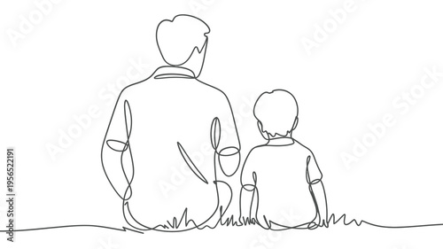 A continuous line drawing depicts a father and son seated together