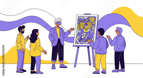 Virtual reality art experience: People exploring abstract artwork with VR headsets in a gallery