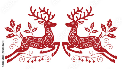 Two red reindeer silhouettes with holly leaves on a white background