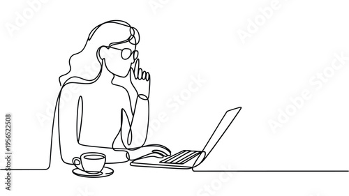 Continuous line drawing of a woman working on a laptop with coffee