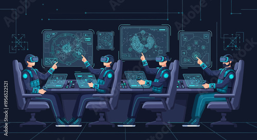 Virtual reality collaboration: A futuristic team navigating digital worlds with interactive