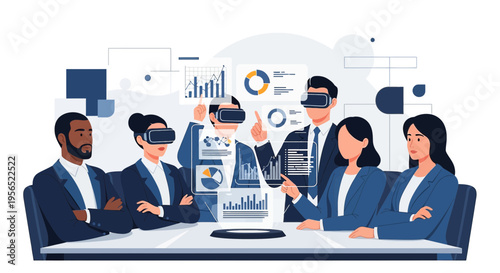 Virtual reality collaborative team review of business data and financial performance graphs within